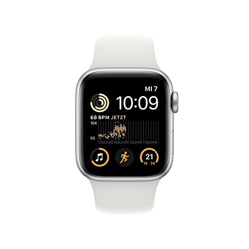 Apple Watch SE (2. Generation) (GPS, 40mm) Smartwatch - Aluminiumgehäuse Silber, Sportarmband Weiß - Regular. Fitness-und Schlaftracker, Unfallerkennung, Herzfrequenzmesser, Wasserschutz