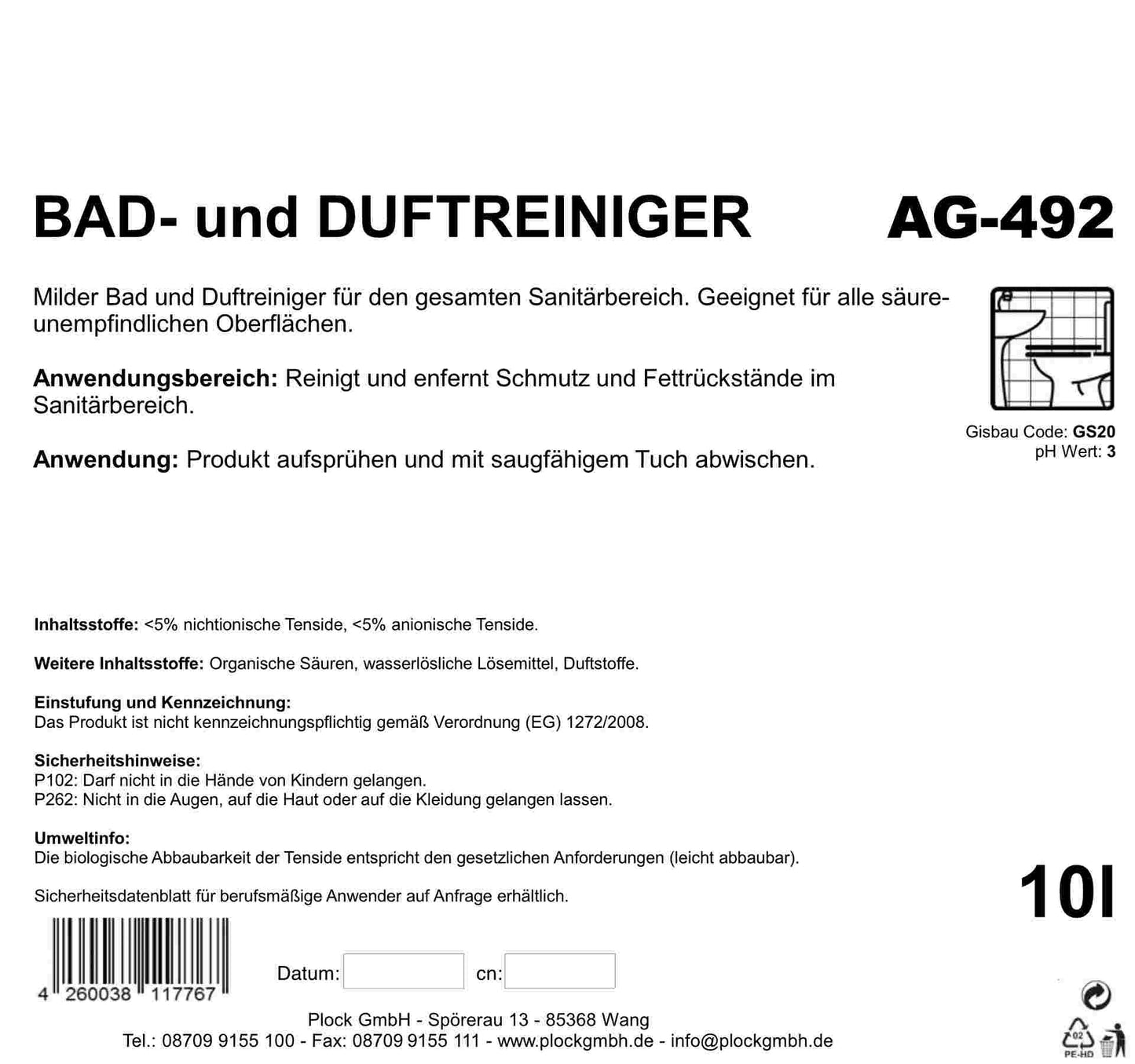 Bad und Duftreiniger, pH-Wert 2, 10 Liter