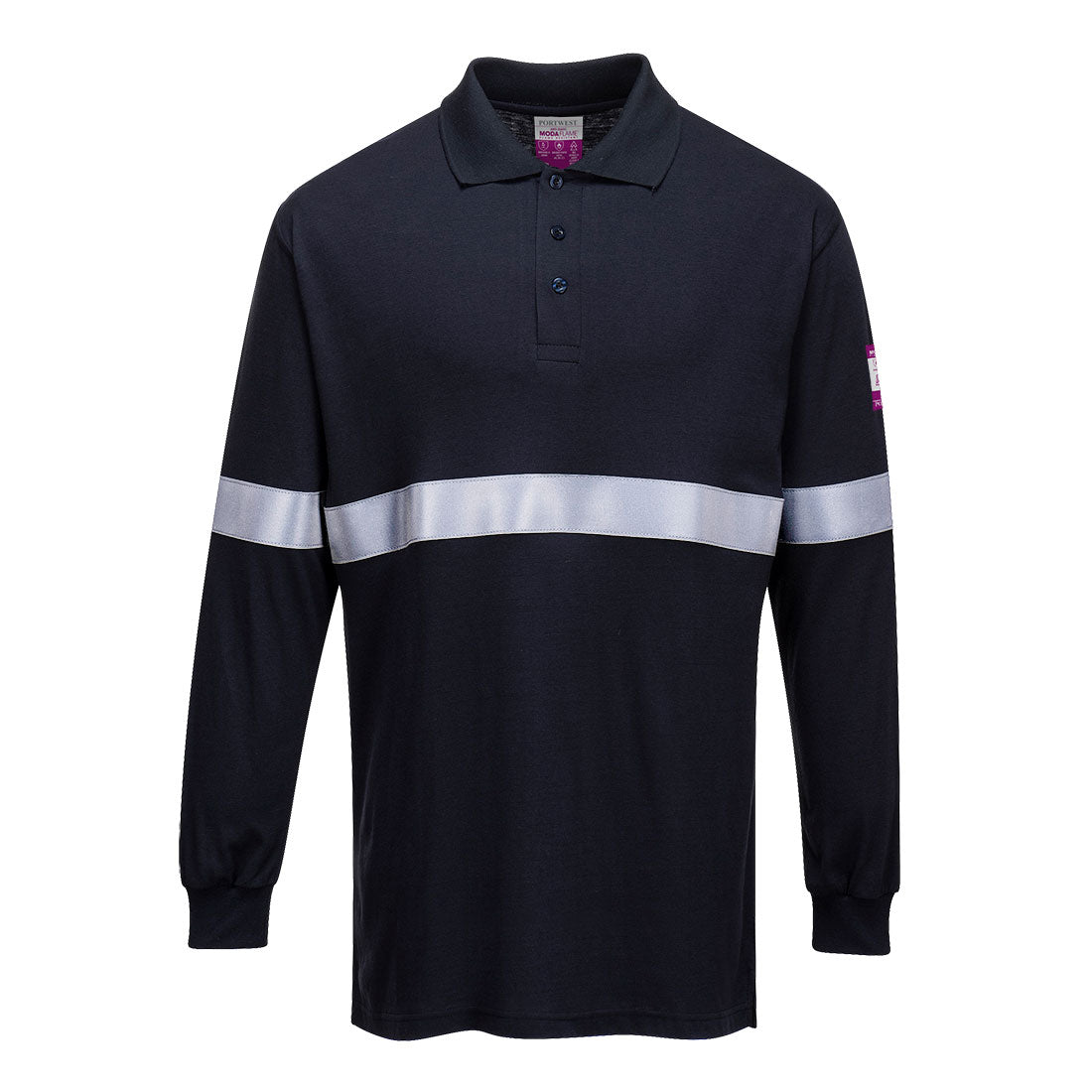 Flammhemmendes, antistatisches Langarm Poloshirt mit Reflektionsstreifen