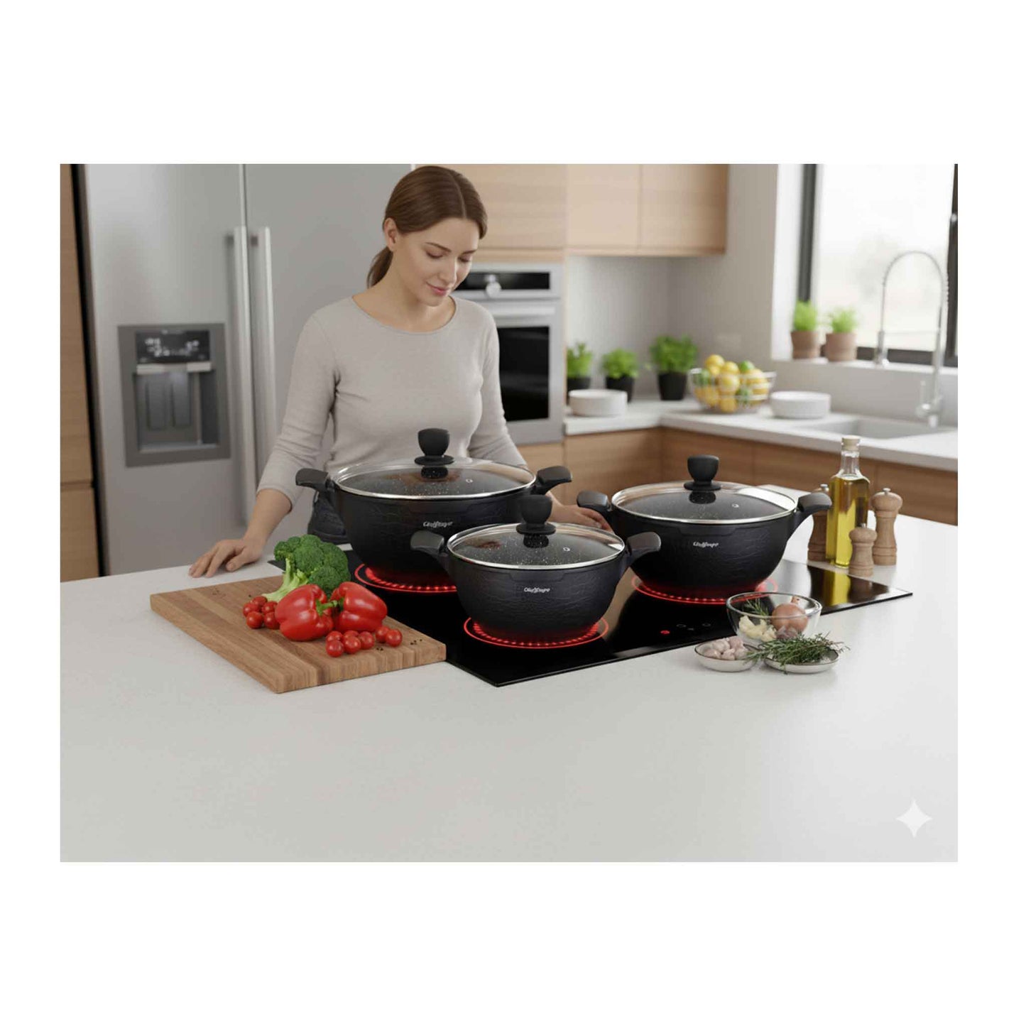LC01- Kochtopfset 20-24-28cm 6-tlg Topf Induktion Alu Guss Geschirr