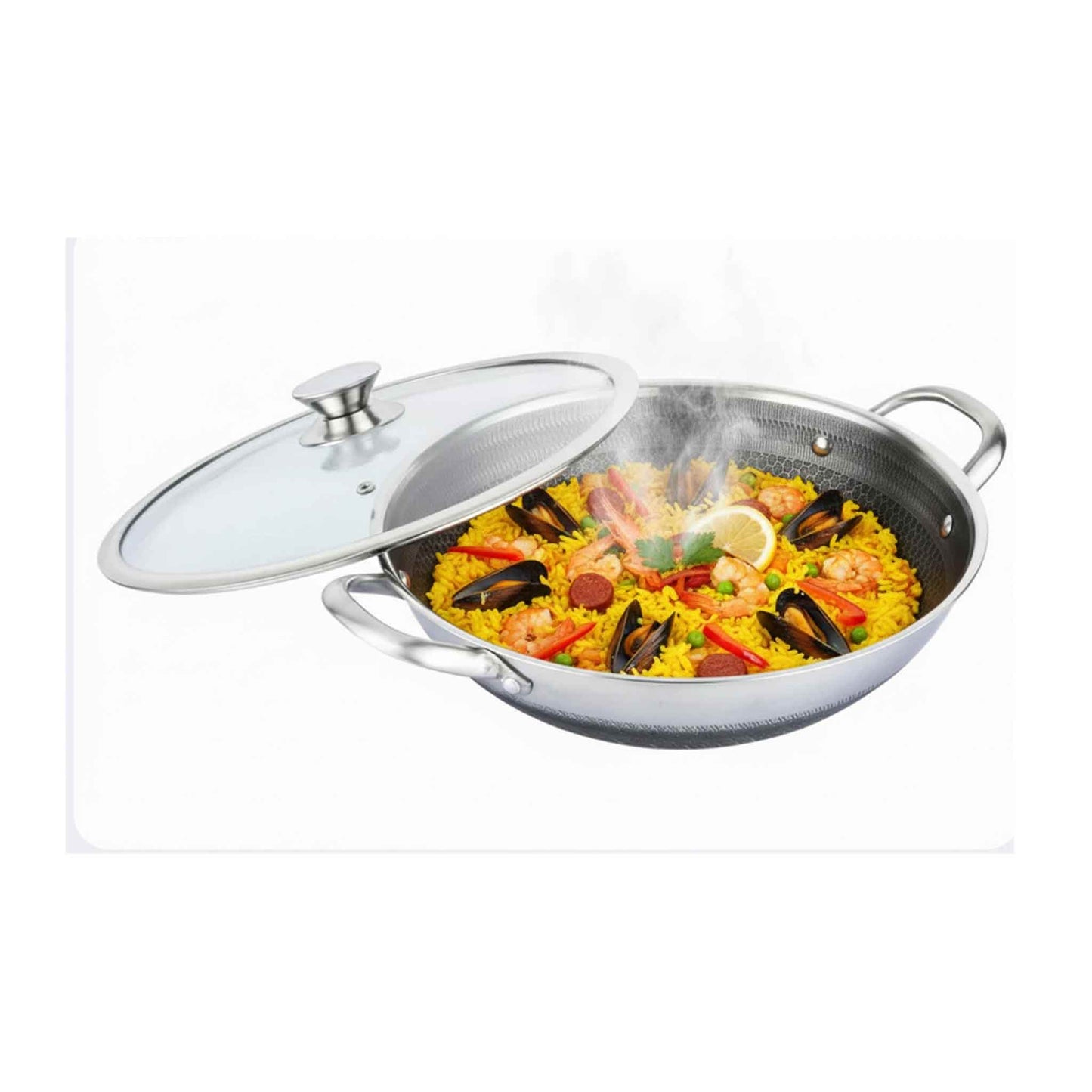 PW32-Wok Topf 32cm Edelstahl Wabenstruktur Ø32cm Induktion Anti Haft Kratzfest Rostfrei