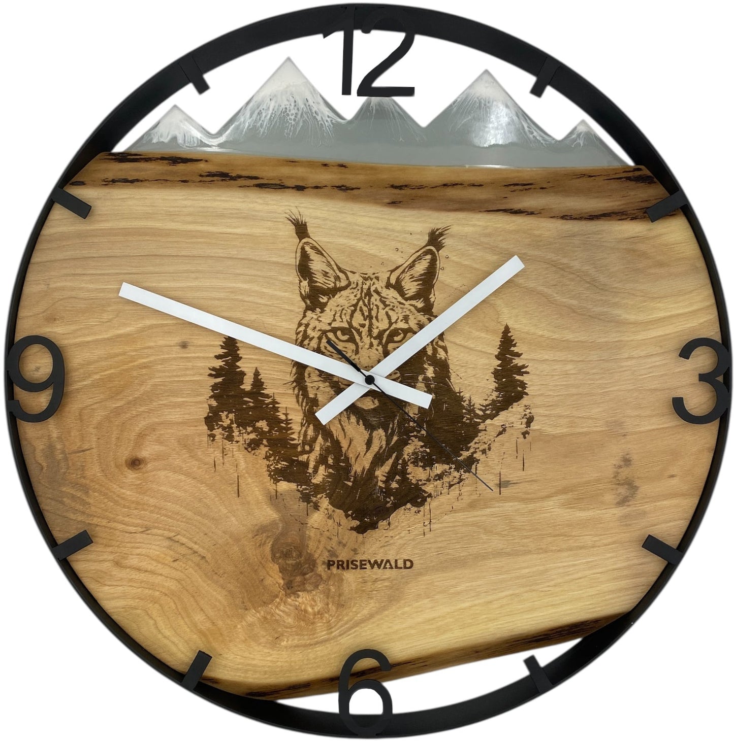 Runde Wanduhr aus Walnussholz, 50 cm, schwarzer Rahmen, arabische Ziffern, Luchs im Wald, Verschneite Berge