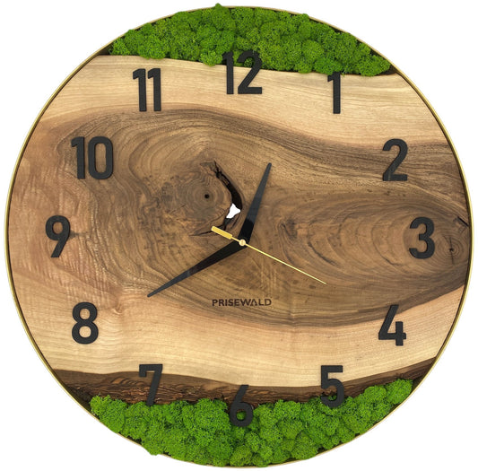 Runde Wanduhr aus Walnussholz, 50 cm, goldener Rahmen, arabische Ziffern, grünes Moos