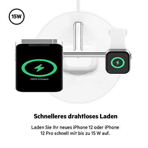 Belkin BoostCharge PRO drahtloses 3-in-1-Ladegerät mit MagSafe für iPhone 14, 13, 12 + Apple Watch + AirPods (lädt iPhone 14-Modelle magnetisch mit bis zu 15 W auf)