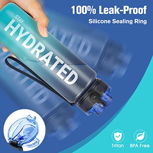 Trinkflasche, 1L BPA-Frei Tritan Wasserflasche mit Strohhalm, Trinkflasche Sport Auslaufsicher mit Zeitmarkierung und Bürste, Sportflasche für Fitness, Schule, Yoga, Outdoor(1 Flasche)