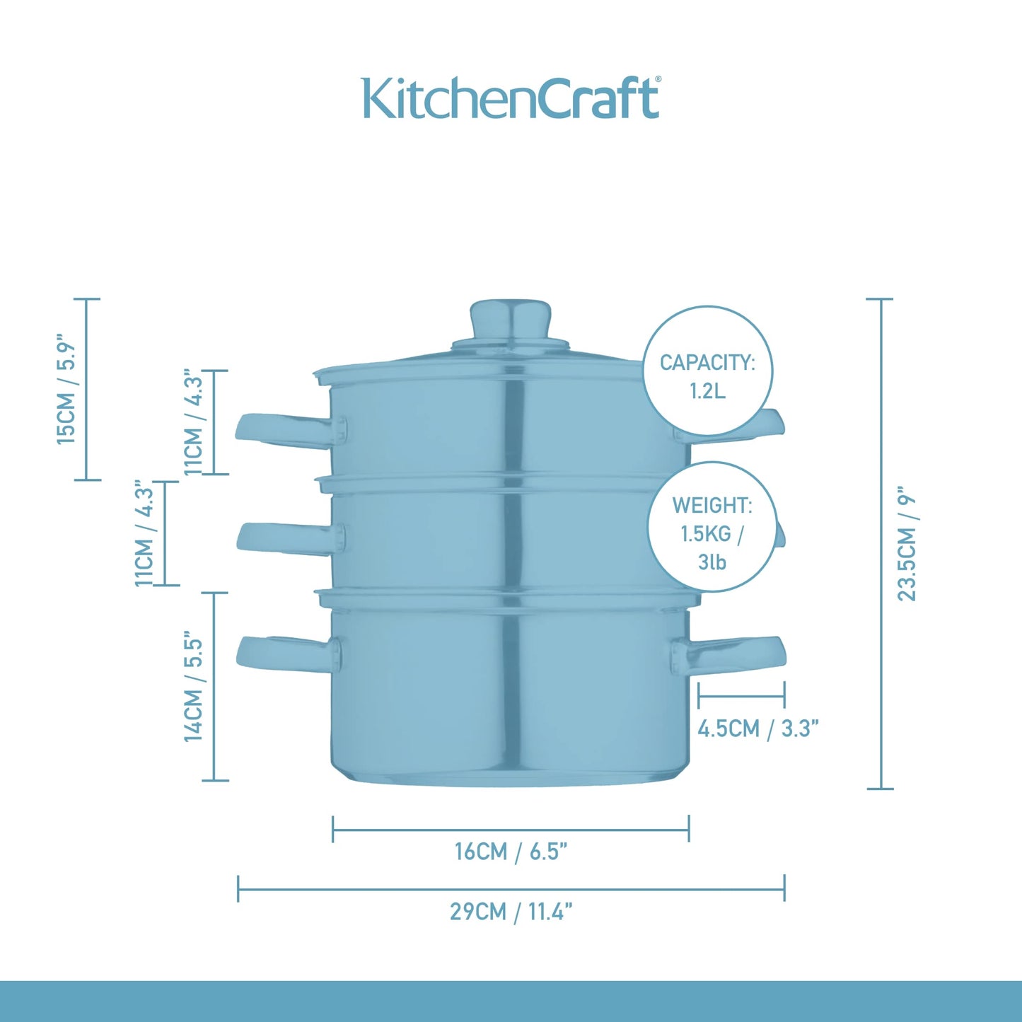 KitchenCraft 3 Kochtopf Set, Dampfgarer/Suppentopf Steamer 3-stufig, Induktionssicher, Edelstahl, in Geschenkbox, 16 cm (6''), Silber
