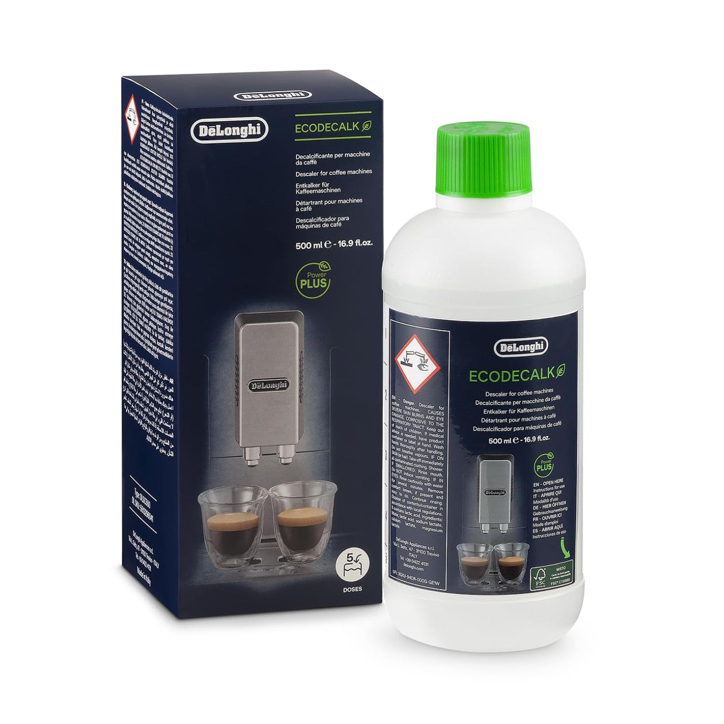 De'Longhi EcoDecalk Entkalker DLSC500, 5 Entkalkungs Dosen, Kaffee Maschinen Entkalker, Kaffee Maschinen Wartungs Zubehör, Pflanzliche Inhaltsstoffe, Flasche mit 5 Dosen, 500ml