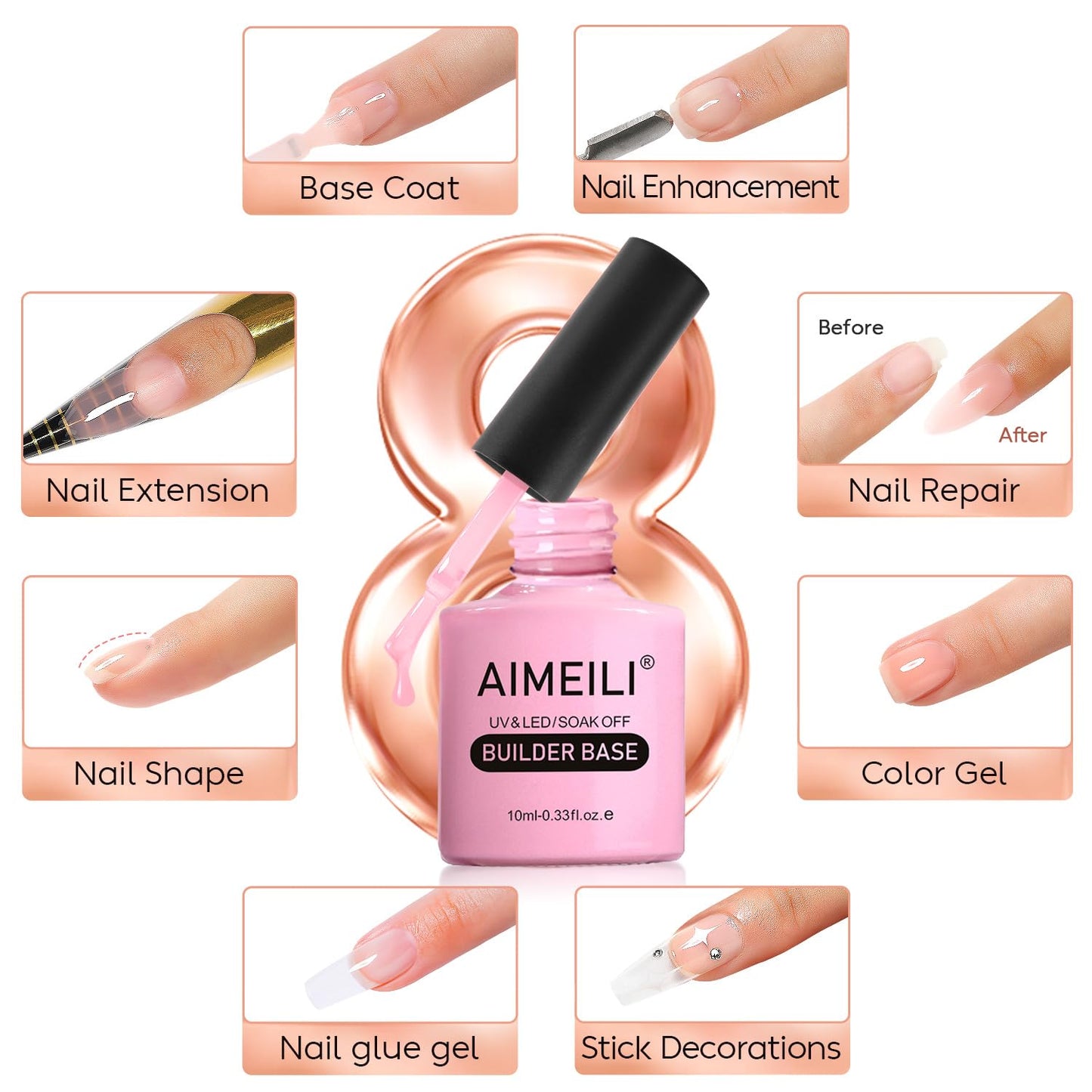AIMEILI 8 in 1 Builder Nail Gel, Builder Gel In a Bottle Builder Base Quick Building Gel UV LED Nail Extension Gel Nagelverlängerung Gel - (163) 10ml