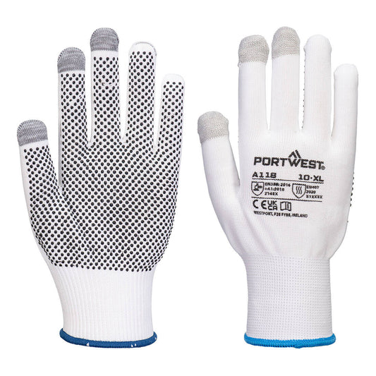 Portwest Grip 13 PVC gepunkteter Touchscreen-Handschuh (Pk12) – A118 – Weiss/Grau