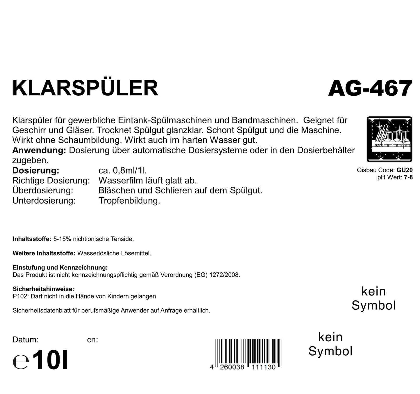 Klarspüler für Gläser und Geschirr, gewerblich, 10 Liter