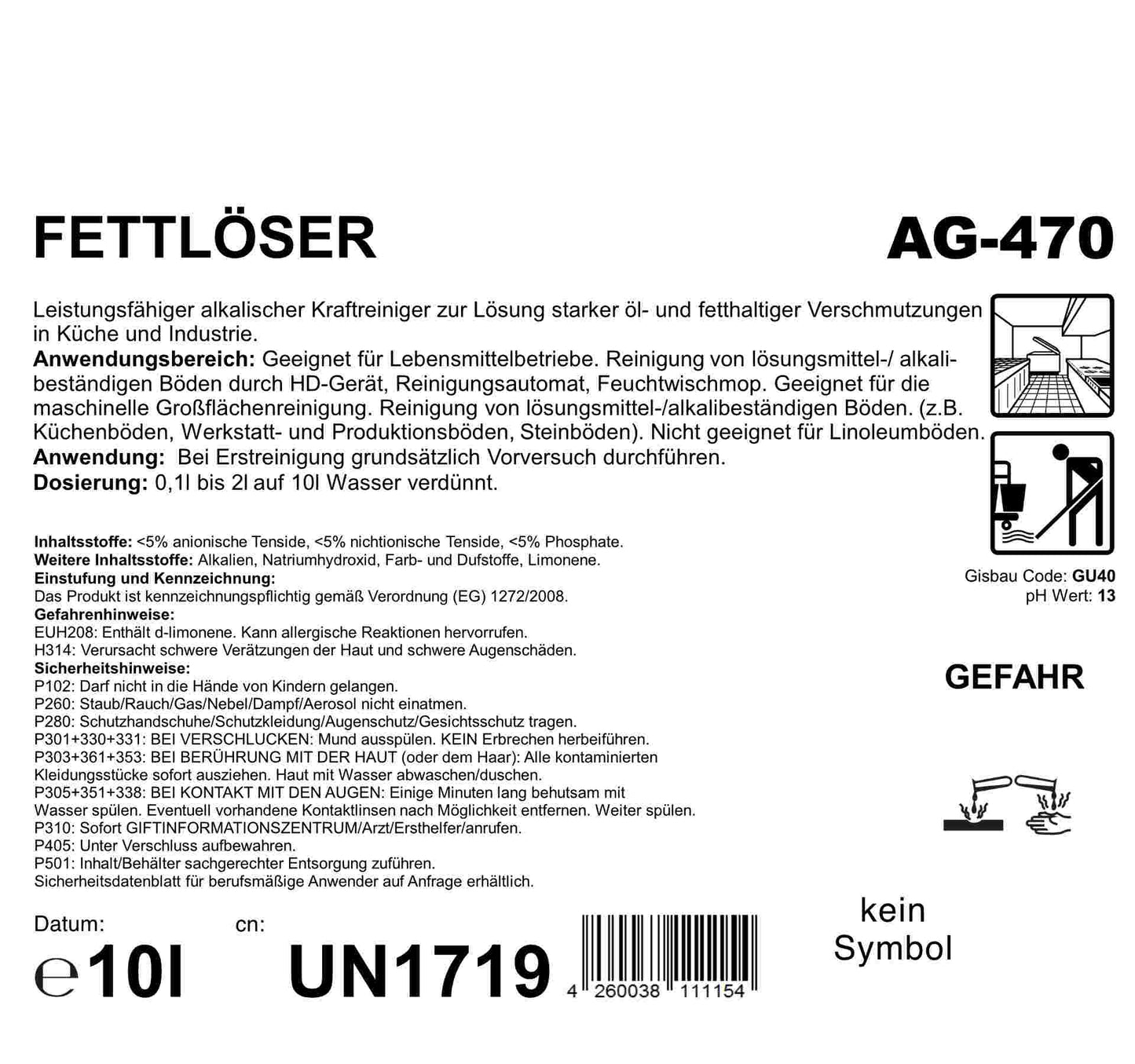 Fettlöser, 10 Liter, pH 13, Gefahrengut UN1719