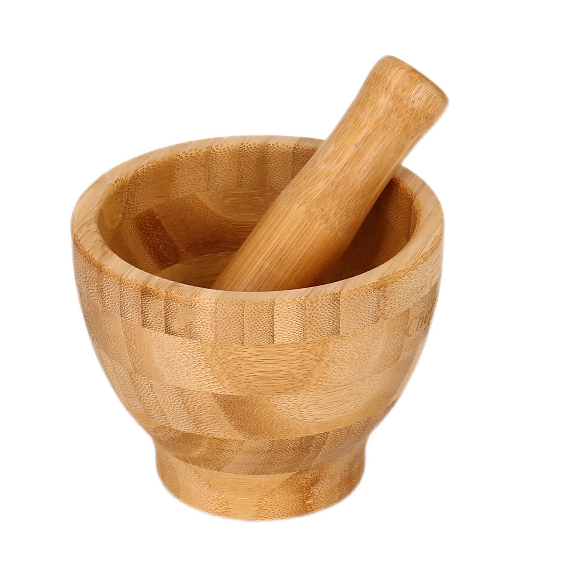 BGM12-Bambus Mörser Stößel Set Knoblauch Schüssel Gewürze Kräuter Mahlen