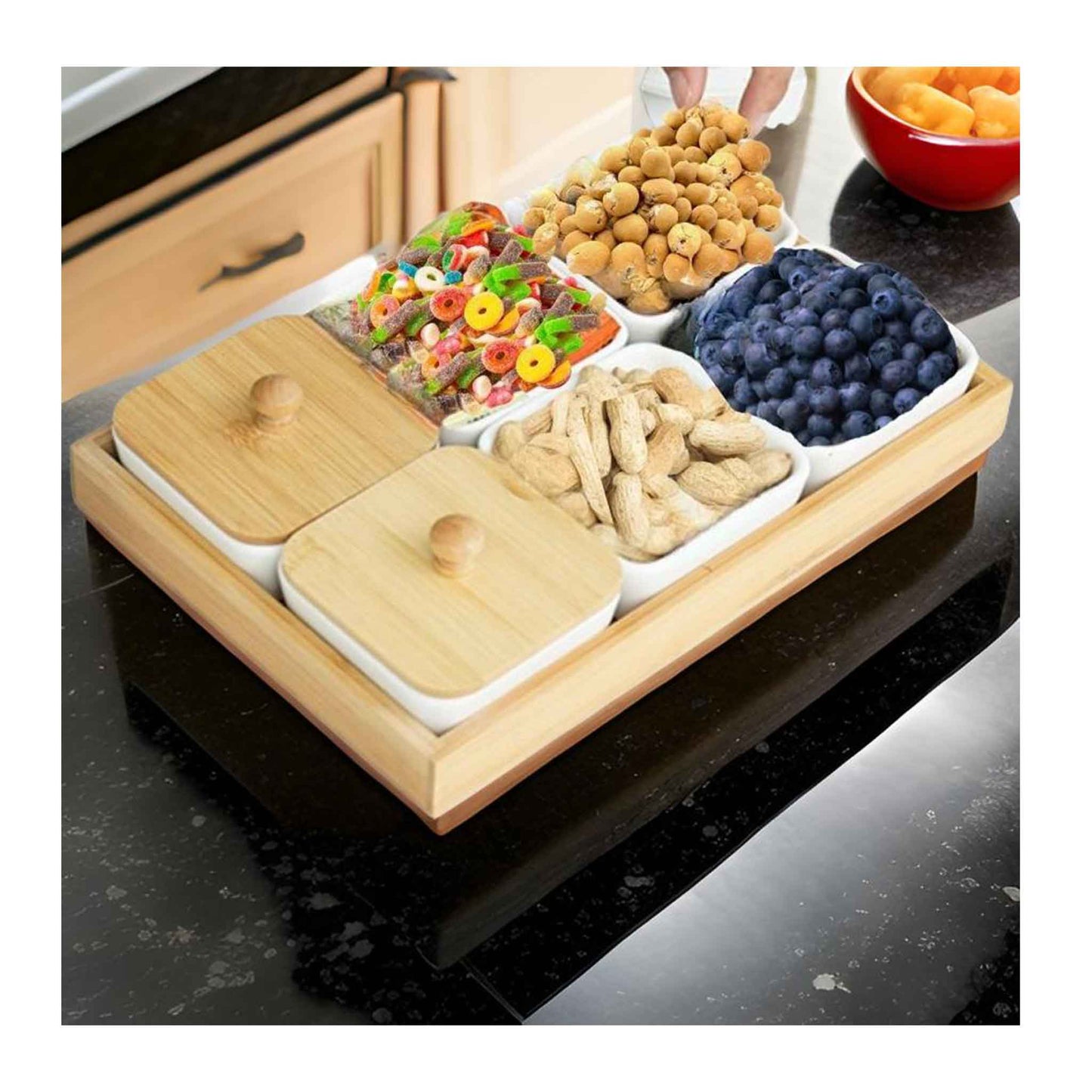 CCB6-Bambus Snackschalen Set 6 tlg Servierset Tablett Snacktablett eckig Deckel