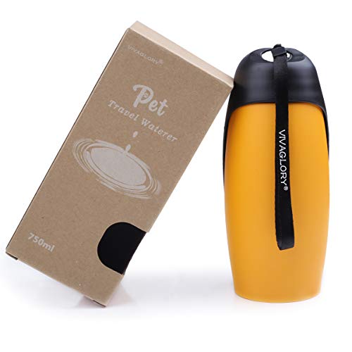 Gelb VIVAGLORY Auslaufsichere & tragbare Wasserflasche für Hunde, 750ML Hunde Trinkflasche mit großem Trog, Orange-Gelb