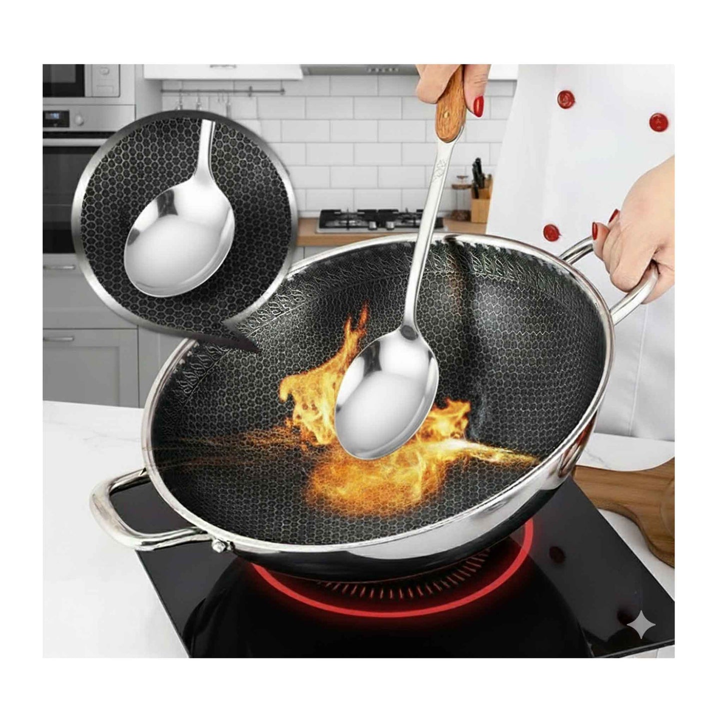 PW32-Wok Topf 32cm Edelstahl Wabenstruktur Ø32cm Induktion Anti Haft  Kratzfest Rostfrei