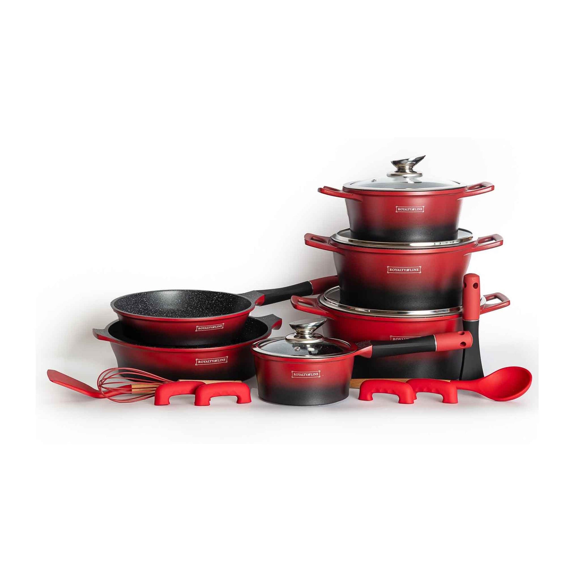 Royalty Line® ES1014 Induktionskochgeschirr-Set – 17-teiliges Set – Antihaftbeschichtung – Abnehmbare Griffe – Ofenfest – PFOA- und PTFE-frei – Für alle Herdarten geeignet – Töpfe und Pfannen mit Deckel – Schwarz/Rot