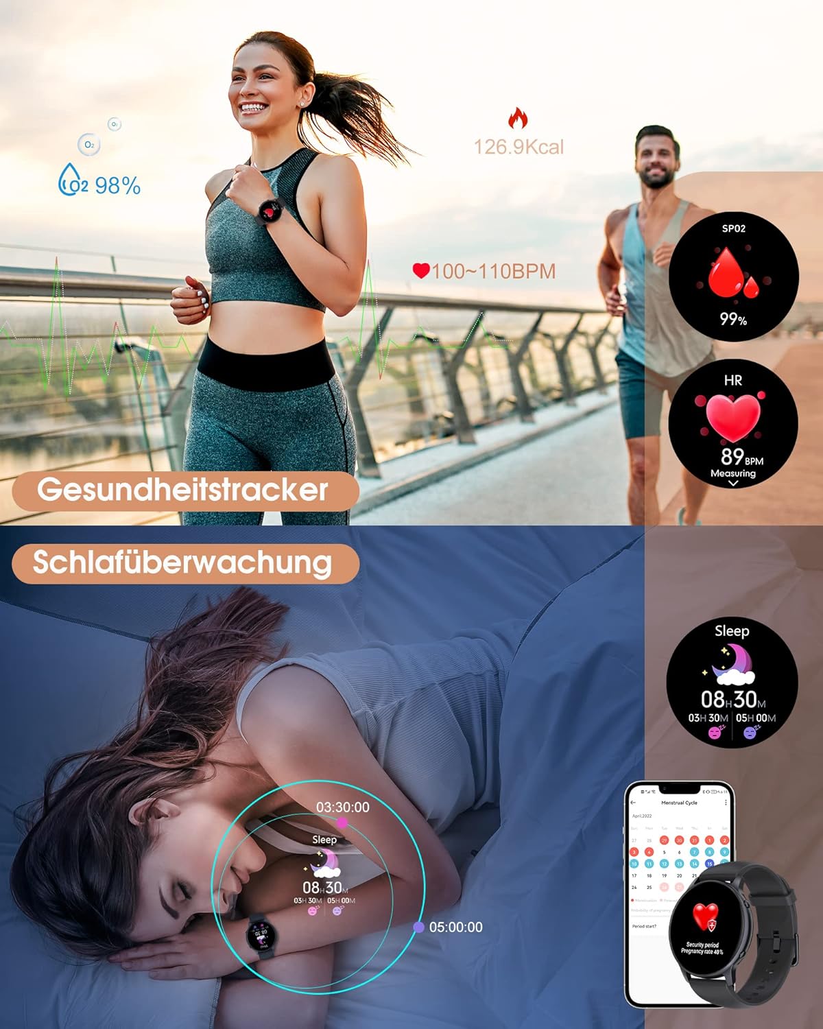 TUYOMA Smartwatch Herren, 1,3 Zoll Touchscreen Smart Watch Damen, IP68 Wasserdicht Smartwatches Schrittzähler mit Herzfrequenz,Whatsapp, SpO2, Schlafmonitor, für iOS und Android