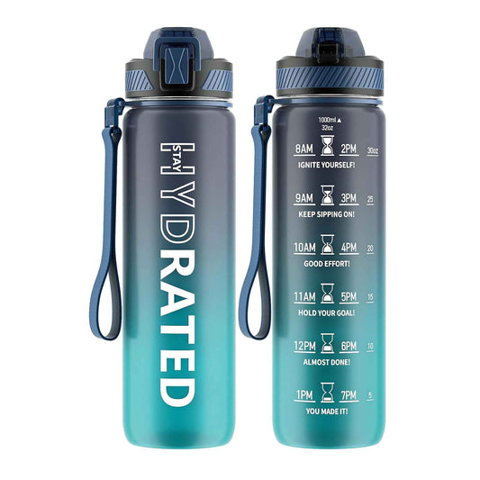 Trinkflasche, 1L BPA-Frei Tritan Wasserflasche mit Strohhalm, Trinkflasche Sport Auslaufsicher mit Zeitmarkierung und Bürste, Sportflasche für Fitness, Schule, Yoga,