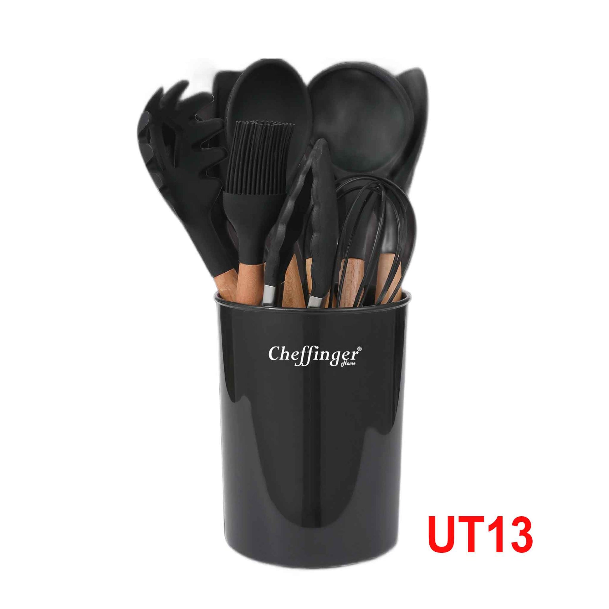 UT13-12-tlg Küchenhelfer Kochbesteck Set Kochgeschirr Silikon Holzgriff