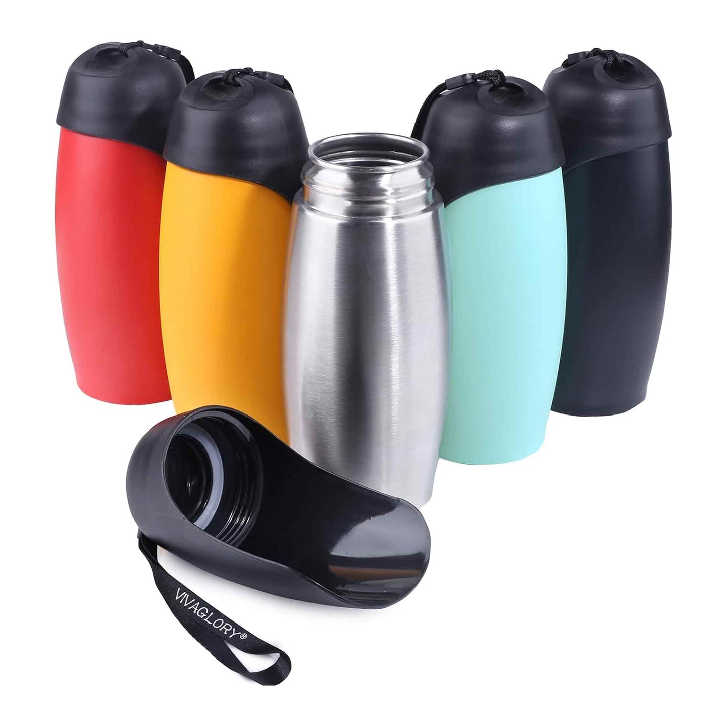 VIVAGLORY Auslaufsichere & tragbare Wasserflasche für Hunde, 750ML Hunde Trinkflasche mit großem Trog, Orange-Gelb